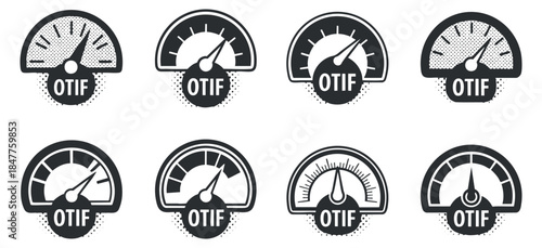 A set of black and white vector gauges and indicators featuring OTIF metrics, ideal for business performance analysis and reporting