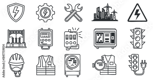 A collection of electrical and construction icons in clean outline vector style, suitable for safety and engineering projects