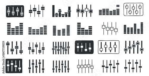 A collection of audio mixing sliders and equalizer icons in black and white minimalist vector style, suitable for music production and design projects