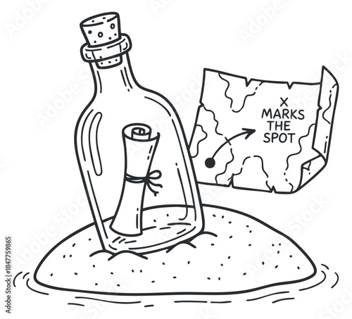A message in a bottle on a small island with a treasure map marked by an X in black and white line art style, ideal for adventure-themed designs