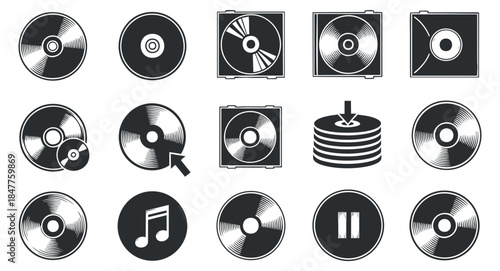 A collection of vinyl records, discs, and music icons in black and white vector style, ideal for music-related projects