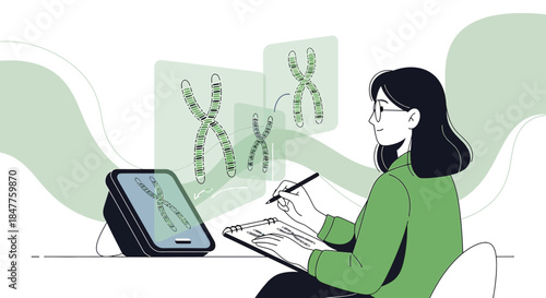 Scientist analyzing chromosomes on a tablet for genetic research and innovation project