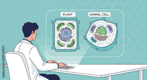 Scientist analyzing cellular biology differences between plant and animal cells on a computer
