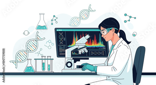 Scientist analyzing dna samples and spectrum data using computer and microscope with modern design
