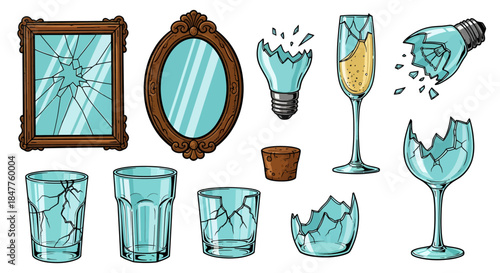 Broken Glass and Mirrors Collection with Cracked Picture Frame Lightbulb and Glassware