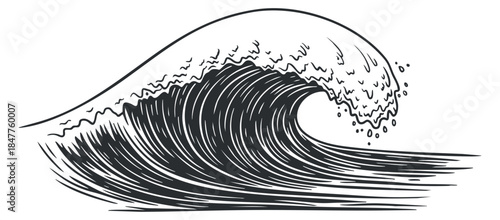 A detailed illustration of a wave in black and white line art style, suitable for nautical themes and marine designs