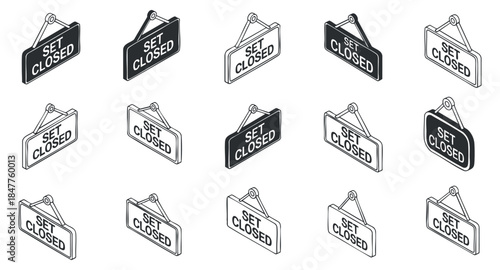 A collection of closed signs in black and white minimalist vector style, suitable for business and retail applications