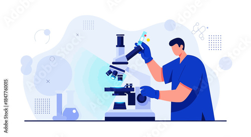 Scientist conducting laboratory analysis with microscope for medical research and development