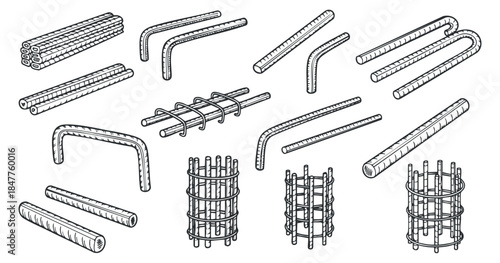 A collection of various steel reinforcement bars in detailed black and white outline vector style, ideal for construction and architectural projects