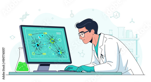 Scientist analyzing neuron connections on computer screen for innovative discoveries