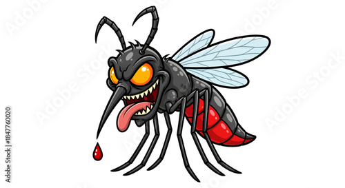 Scary Mosquito Mascot with Orange Eyes Sharp Teeth and Blood Drop