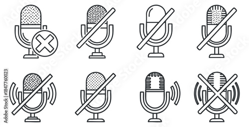 A collection of microphone icons in line art vector style, featuring muted and active states, suitable for audio and communication design