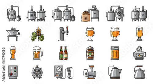 Brewery Equipment and Beer Production Set with Fermentation Tanks Kegs and Glassware