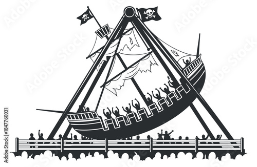 A pirate ship amusement ride in black and white vector style, ideal for theme park graphics and entertainment designs
