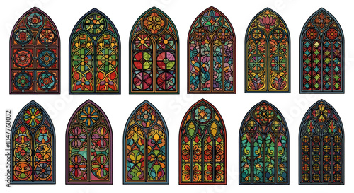 Gothic Stained Glass Window Set with Intricate Colorful Mosaic Patterns