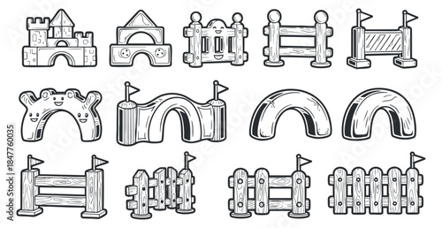 A collection of playground structures including castles, arches, and hurdles in black and white outline vector style, perfect for children's activity designs
