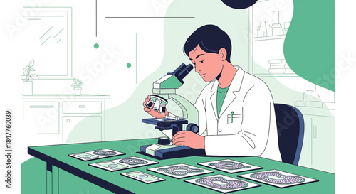 Scientist conducting research in a laboratory using microscope for cell examination analysis