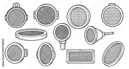 A collection of various kitchen sieves and filters in black and white outline vector style, suitable for culinary designs and illustrations
