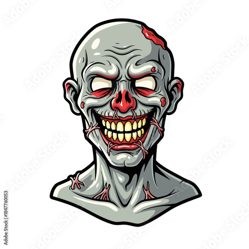 Creepy Zombie Clown Portrait with Red Nose and Stitched Mouth Horror Illustration