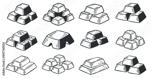 A collection of gold bars in flat black and white outline vector style, suitable for financial and investment themes