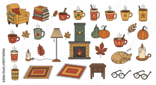 Cozy Autumn Hygge Set with Fireplace Armchair Hot Chocolate and Sleeping Cat