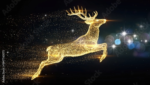 Golden Reindeer Silhouette Leaping Through Starry Night Sky.