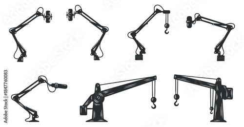 A collection of industrial crane illustrations in black and white outline vector style, ideal for engineering and construction projects