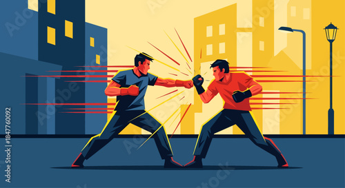 Two Men Fighting in City Street with Action Motion and Speed Lines