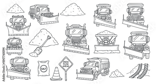 A collection of snow plow trucks, salt bags, and snow piles in simple line art style, ideal for winter maintenance projects