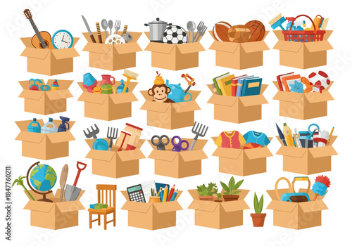 Cardboard Moving Box Set with Household Items Toys Kitchenware and Office Supplies