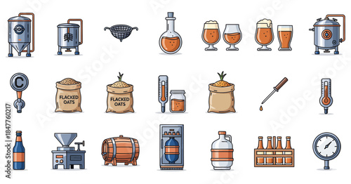 Brewery and Craft Beer Production Icon Set with Brewing Equipment and Ingredients
