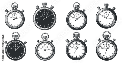 A collection of eight stopwatch illustrations in detailed black and white vector style, ideal for sports and fitness applications