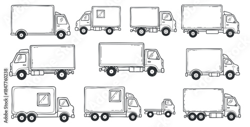 A collection of various delivery trucks in black and white outline vector style, suitable for logistics and transportation design