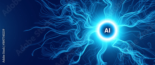Glowing Abstract Neural Network With AI Core, Simulating Digital Brain Connections And Technology Flow On Dark Background. Futuristic Concept. Vector Illustration.
