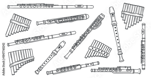 A collection of various flutes and woodwind instruments in outline style, ideal for music-related designs and educational materials