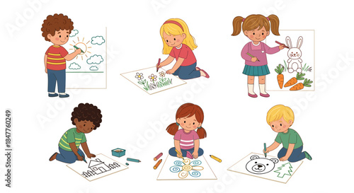 Kids Drawing and Painting Set with Diverse Children Creating Art and Coloring