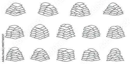 A collection of layered stacks in black and white outline vector style, suitable for design and organizational themes