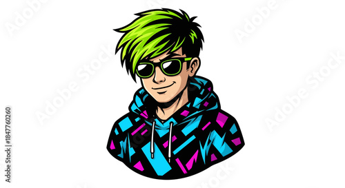 Young Man Avatar with Bright Green Hair and Sunglasses in Colorful Patterned Hoodie