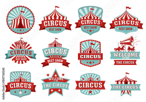 Vintage Circus Show Logo Set with Carnival Tents and Retro Entertainment Emblems