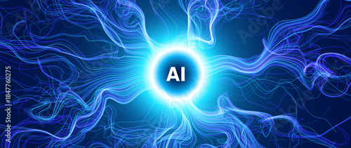 Glowing Abstract Neural Network With AI Core, Simulating Digital Brain Connections And Technology Flow On Dark Background. Futuristic Concept. Vector Illustration.
