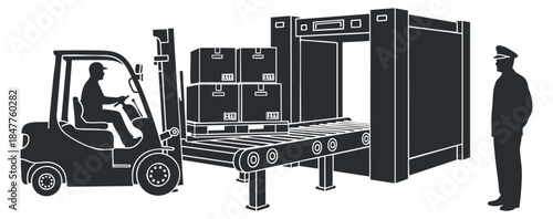 A forklift loading stacked boxes onto a conveyor belt in a simplified black and white vector style, ideal for logistics and warehouse management projects