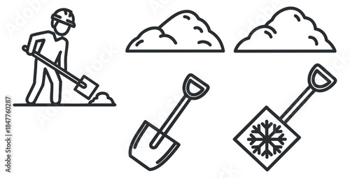 A collection of construction and snow removal icons featuring a worker with a shovel, snow piles, and a snow shovel in outline vector style, suitable for industry-related projects