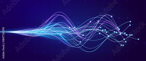 AI Neural Network And Fiber Optic Data Flow Vector Background. Modern Science Tech Presentation Design With Dynamic Growth Metrics And Futuristic Tech Aesthetics.