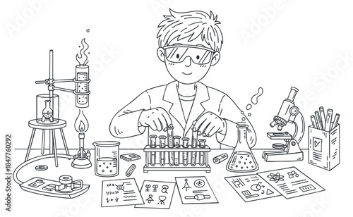 A young scientist conducting experiments in a laboratory, outlined in a minimalist vector style, ideal for educational materials