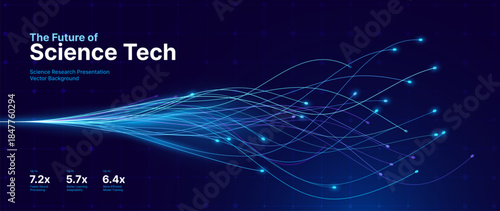 AI Neural Network And Fiber Optic Data Flow Vector Background. Modern Science Tech Presentation Design With Dynamic Growth Metrics And Futuristic Tech Aesthetics.