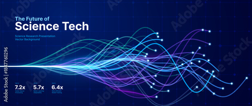 AI Neural Network And Fiber Optic Data Flow Vector Background. Modern Science Tech Presentation Design With Dynamic Growth Metrics And Futuristic Tech Aesthetics.