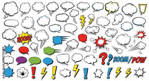 Comic Book Speech Bubbles and Explosion Elements Set with Halftone Shadows
