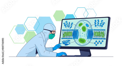 Scientist in protective suit analyzing cell structure on monitor for research purposes