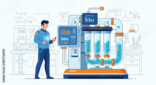 Scientist Monitoring a Water Purification System with Advanced Data Analytics and Control Panels