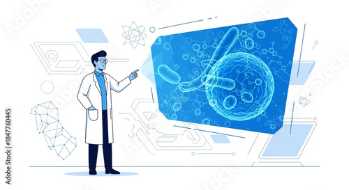Scientist presenting a complex biological illustration, highlighting a cellular structure and
